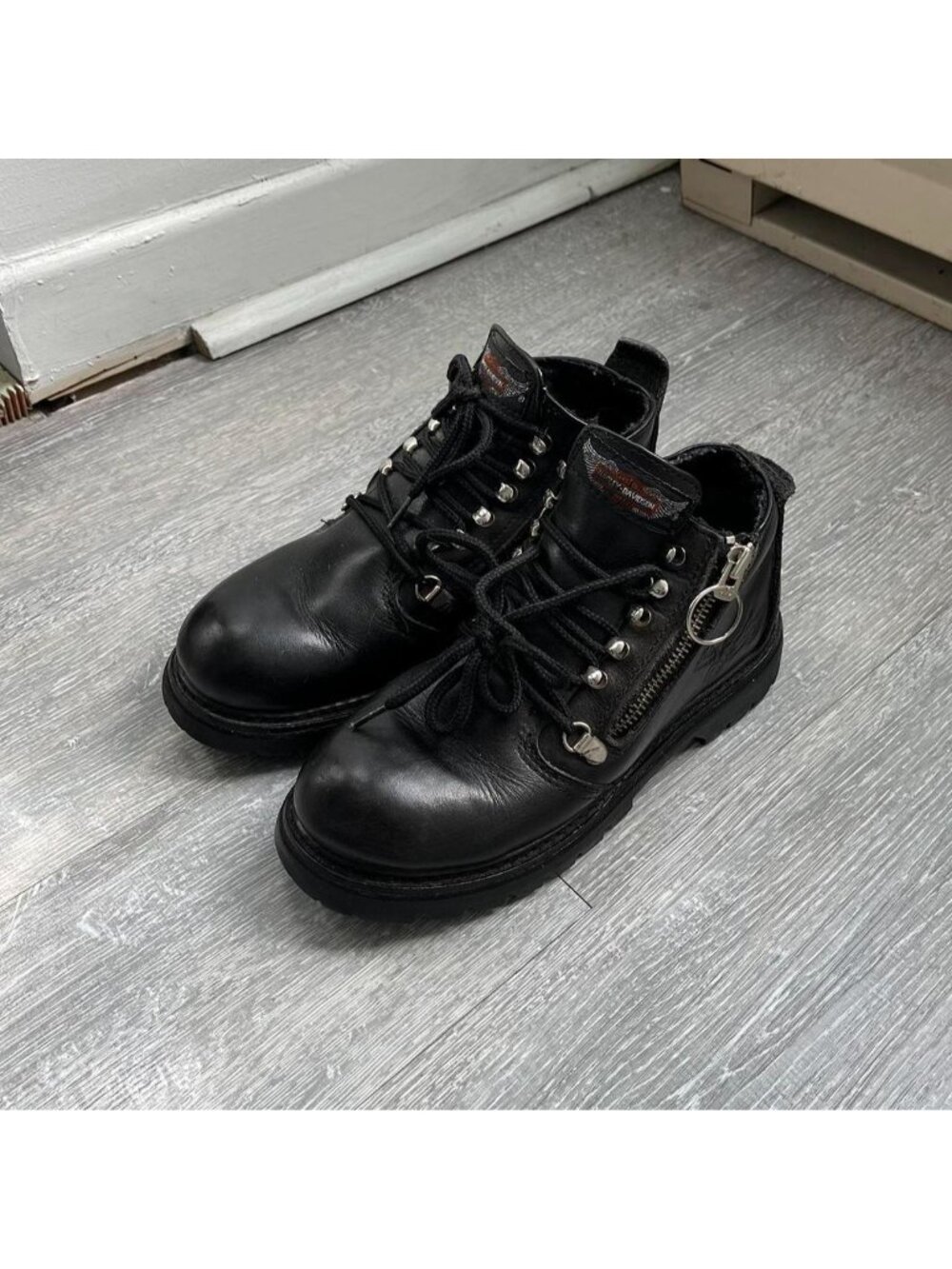 Black / Silver Toned Vintage Harley-Davidson Biker Lace-Up Leather Boots